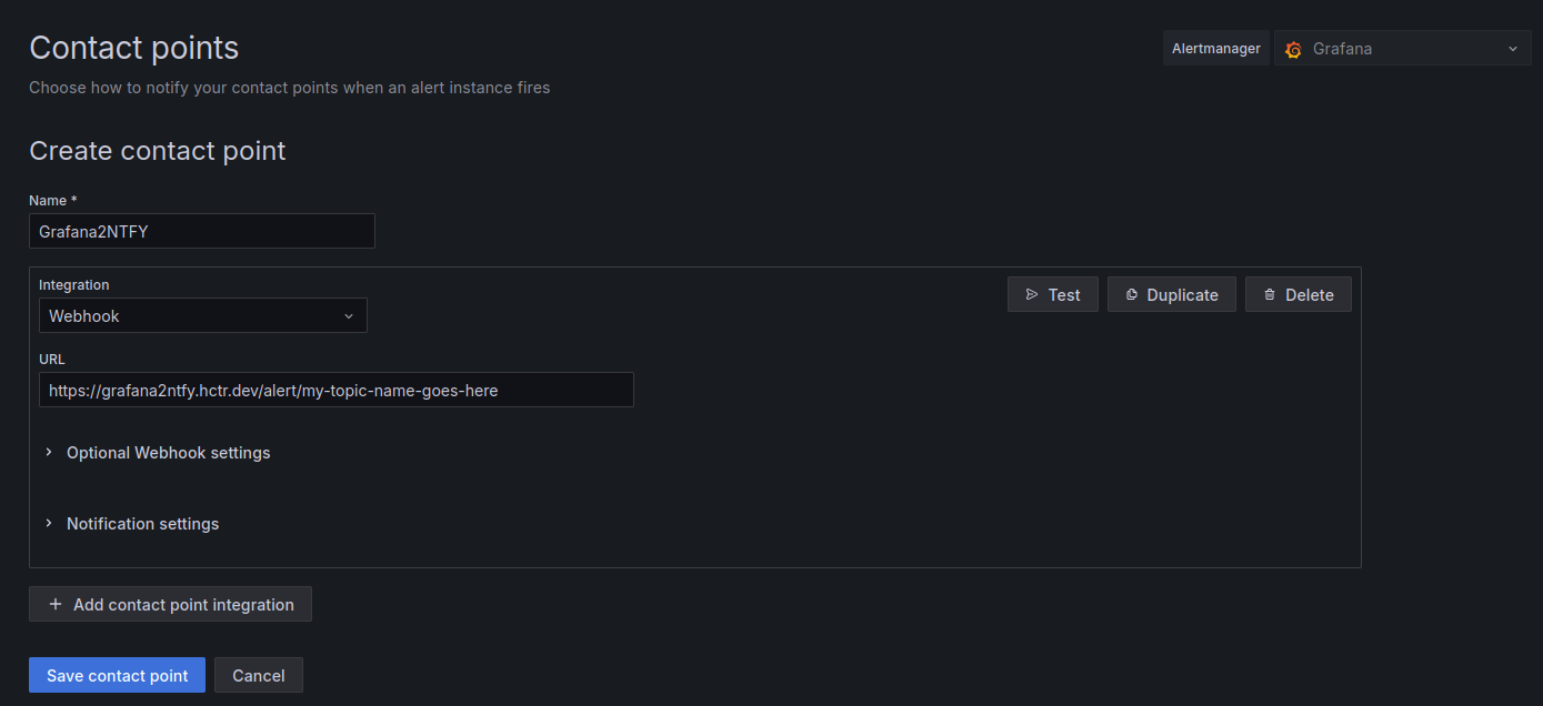 Screenshot of the Grafana dashboard showing a new contact point being added to use the Grafana2NTFY tool.