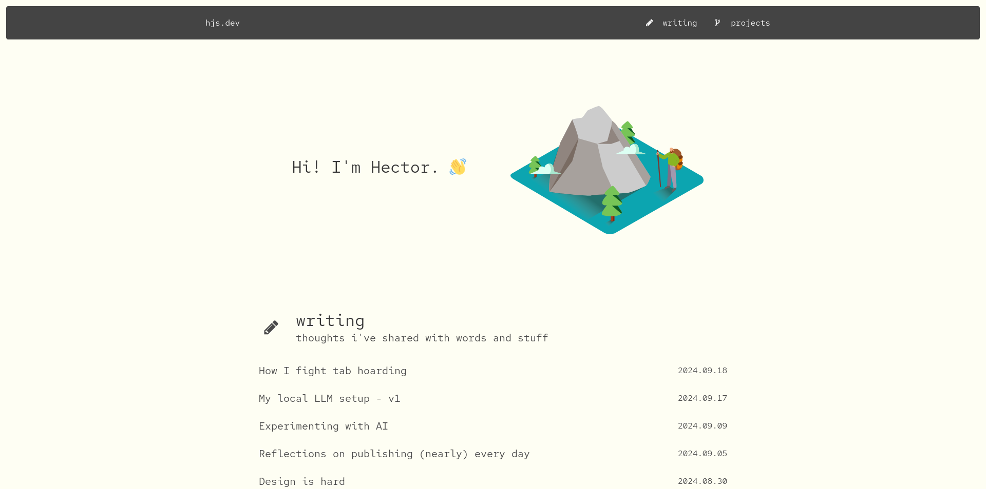 Screenshot of the homepage of my website last week