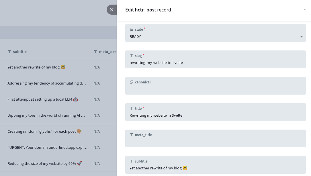Screenshot of the table and editor in PocketBase that store the content for my blog posts