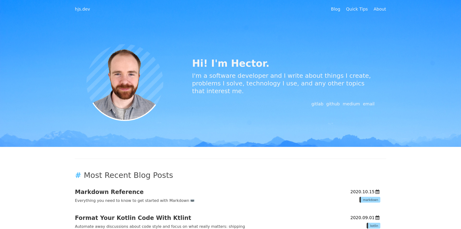 Screenshot of the homepage of my website 4 years ago