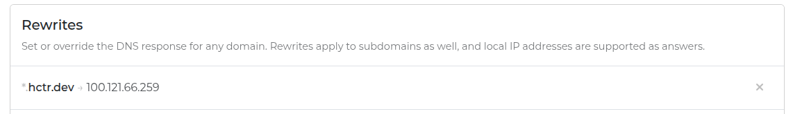 Screenshot of the rewrite section in the NextDNS showing a rewrite for my domain to a (fake) internal Tailscale IP.