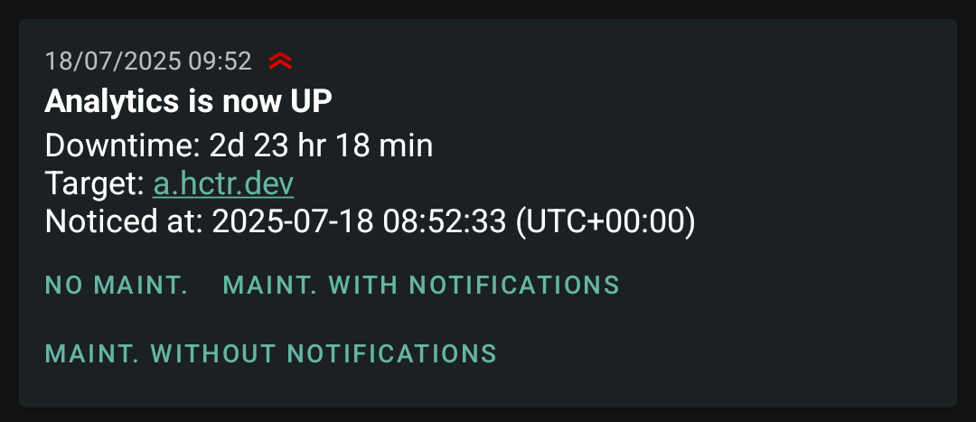 Screenshot of alert when website comes back online after nearly 3 days of downtime