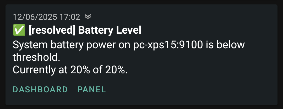 Screenshot of NTFY alerts for the battery level of my laptop. Alert resolving the alert when the battery level has gone back above the minimum level.