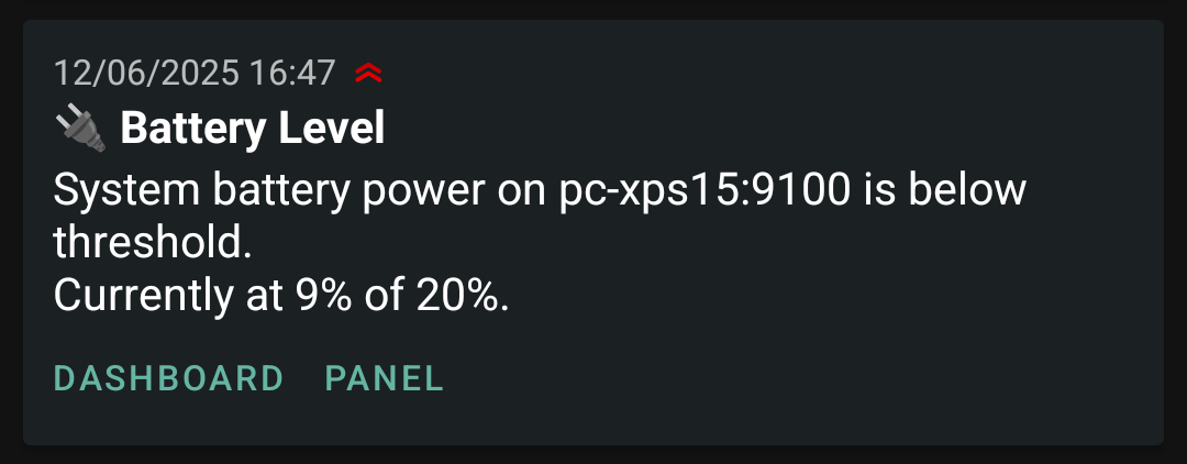 Screenshot of NTFY alerts for the battery level of my laptop. Alert for the laptop battery being low.