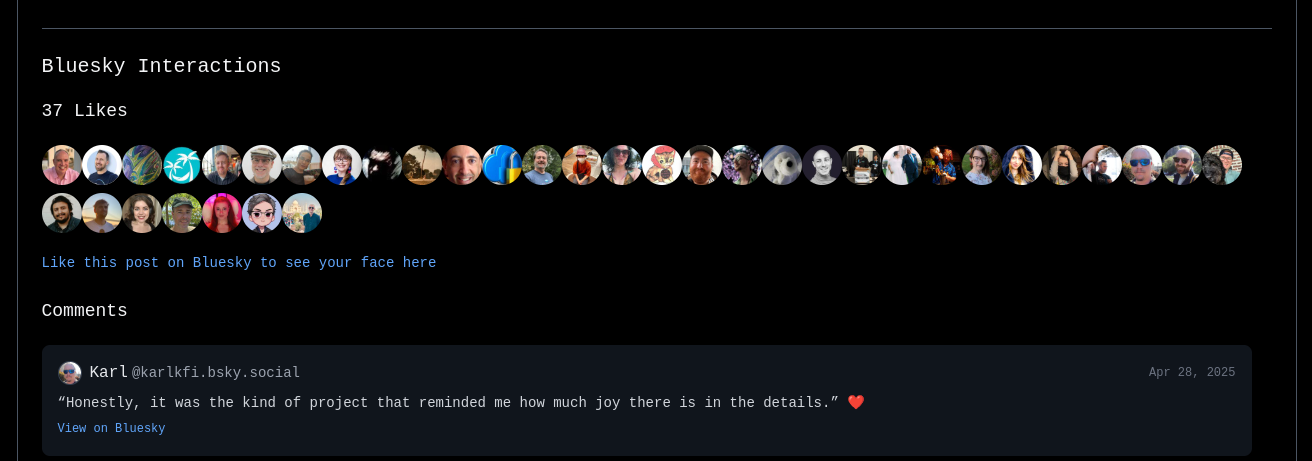 Screenshot of bluesky interaction section from ashley.dev's website showing like counter, users who liked, as well as comments.