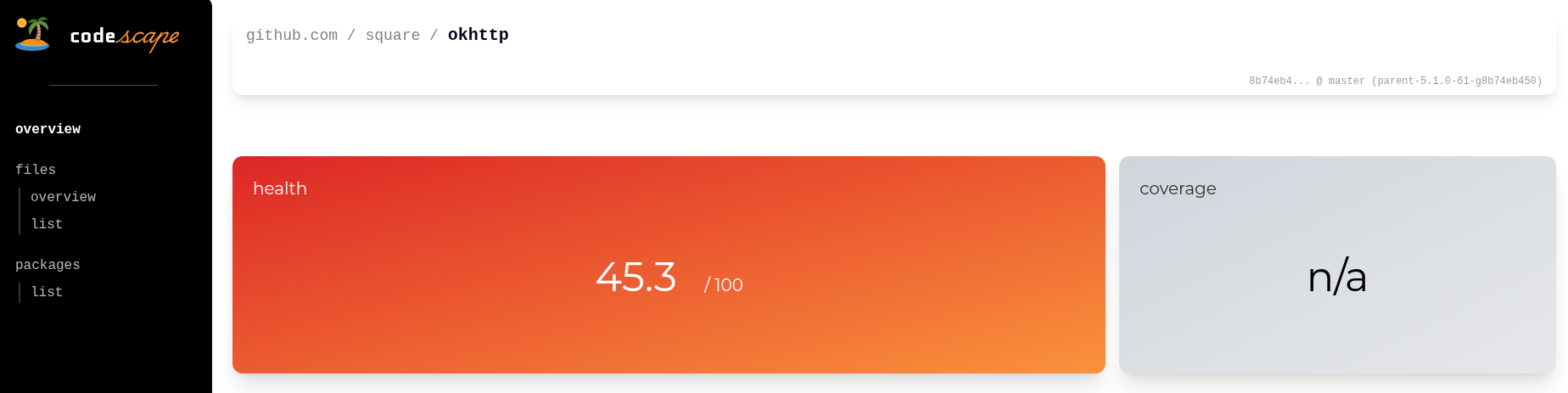 Codescape POC screenshot on main screen - shows a low health score based on multiple metrics