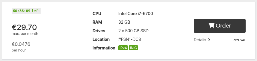 Screenshot of an option on Hetzner's server auction page showing a server with a sixth-gen Intel CPU for 30 EUR per month.