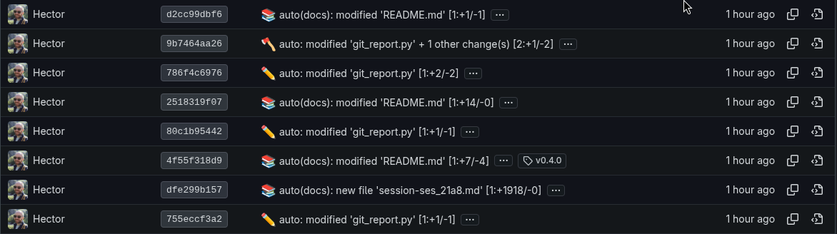 Screenshot of the git history of a private project showing the generated git messages